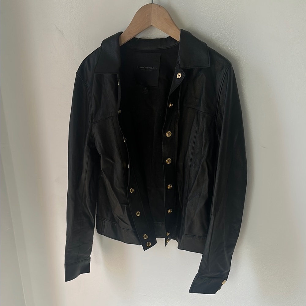 Club Monaco Black Leather Button-Front Jacket with Gold Hardware